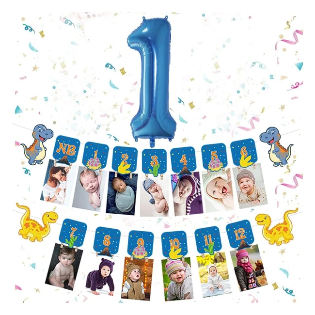 Blue Dinosaur 1st Birthday Baby Photo Banner for Newborn to 12 Months - Monthly Milestone Garland with No.1 Balloon