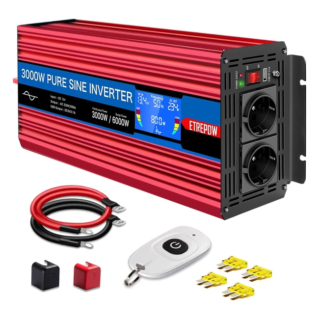 Inverter Etrepow 3000W 12V 220V Onda Sinusoidale Pura Trasformatore con 2 Prese EU e USB - Picco 6000W