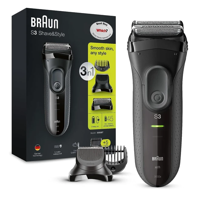 Braun Series 3 3000BT Shavestyle 3-in-1 Electric Shaver - Precision Trimmer, 5 Comb Attachments