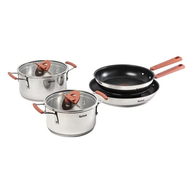 Tefal Optispace 4-Piece Pots & Pans Set - Stainless Steel - Stackable - Nonstick - G720S604