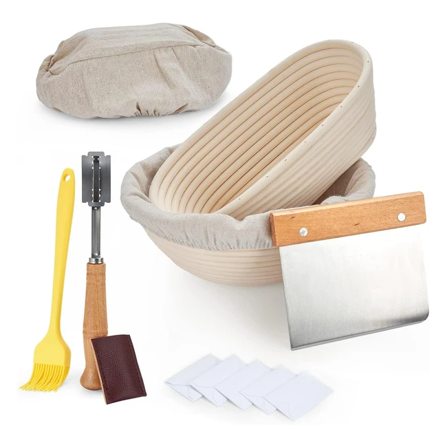 Cestino Lievitazione Pane Ohuhu - 2 Pezzi, 23cm Rotondo, 25cm Ovale, Lama per Pane, Fodere di Lino, Spatola, Pennello, 5 Lame