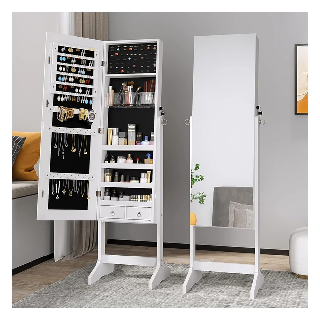 Lockable Jewelry Cabinet Standing Mirror - Large Storage - 3 Angles Adjustable - White