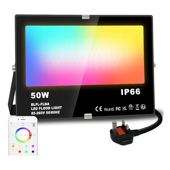 Smart RGB Flood Lights - LED Floodlight Outdoor 50W 5000lm - App Control - IP66 - UK Plug