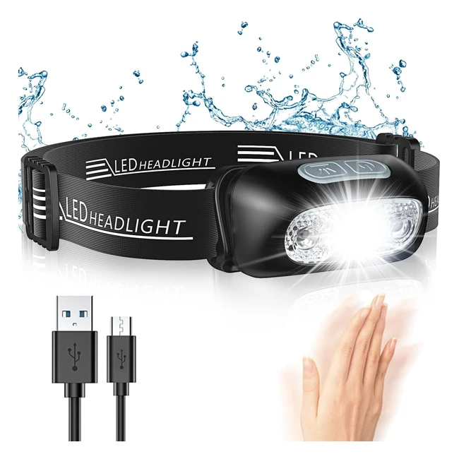 Lampe Frontale LED Puissante avec Capteur Mouvement - IPX6 Étanche - 4 Modes d'Éclairage - Rechargeable USB - Professionnel pour Camping, Randonnée, Course, Cyclisme, Pêche