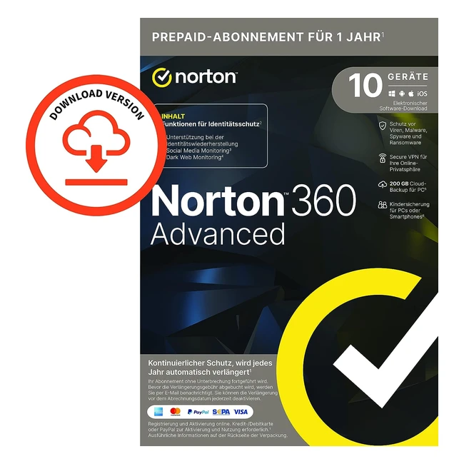 Norton 360 Advanced - Schutz für 10 Geräte, 1 Jahr Abonnement, Identitätsschutzfunktionen