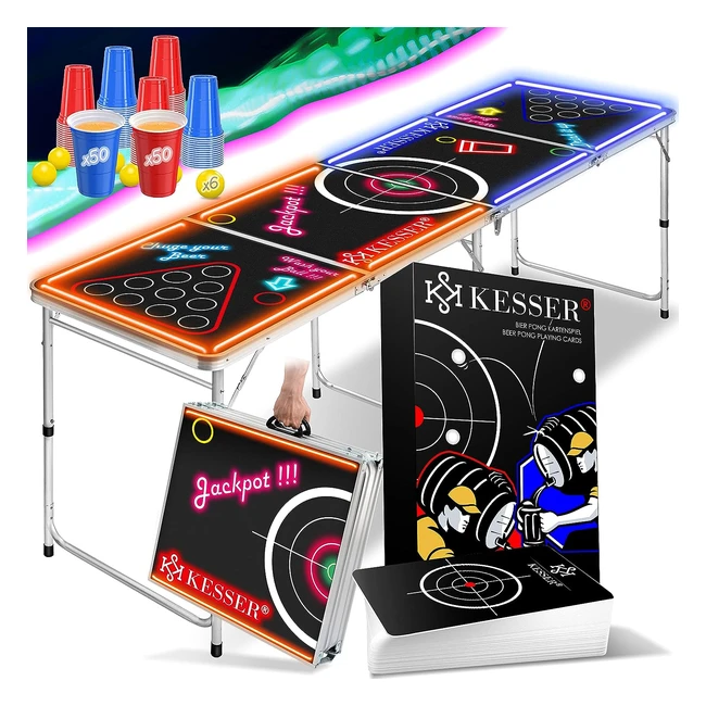 Kesser Beer Pong Tisch Set mit Kartenspiel  LED-Action - inkl 100 Becher 50 R