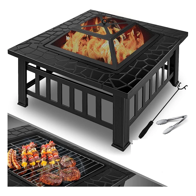 Kesser Feuerstelle mit Grillrost und Grillzange | Multifunktional | 82x82x50cm | Feuerschale für Heizung und BBQ | Metall Feuerkorb