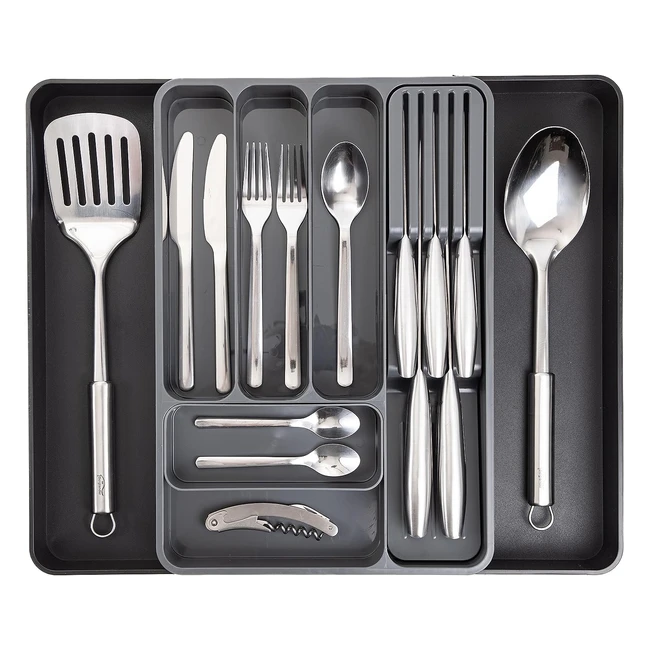 Nuovva Cutlery Drawer Organizer - Adjustable Utensil Tray for Drawers - Expandable Cutlery Set Holder - Compact Drawer Divider - Black/Grey