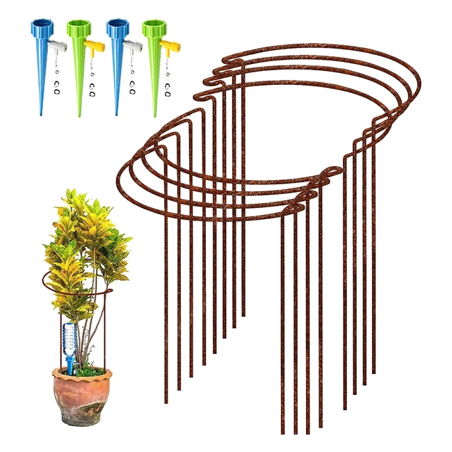 8 Pack Rusty Bow Plant Support Stakes - Half Round Natural Rust Flower Support Ring Cage Frame - Self Watering Spikes - Peonies Hydrangea