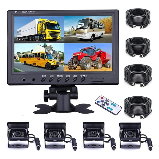 Camecho 9 Inch 4Split Monitor Vehicle Backup Camera - 18 IR Night Vision - Water