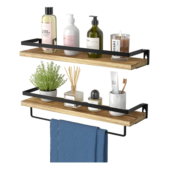 Amada Homefurnishing Floating Shelves - Rustic Wall Shelves Set of 2 (42cm) - Removable Towel Holder - Bathroom, Living Room, Bedroom, Kitchen