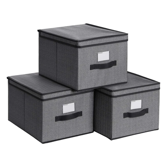 Songmics Set of 3 Storage Boxes - Folding Organizer with Lid and Label Holder - 40x30x25cm - Linenette Nonwoven Fabric - Black - RFB003B01