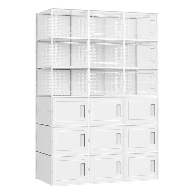 Songmics Shoe Boxes Set of 18 - Stackable and Foldable for Trainers - UK Size 9 - Transparent and White Bins - LSP009W01