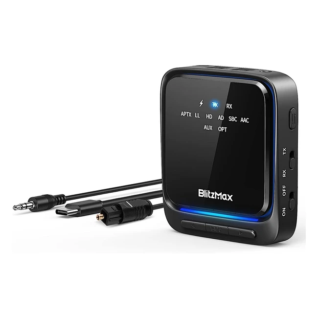 BlitzMax Bluetooth 52 Adapter - Low Latency HD, Dual Connection, 35mm AUX, RCA, Digital Optical Output