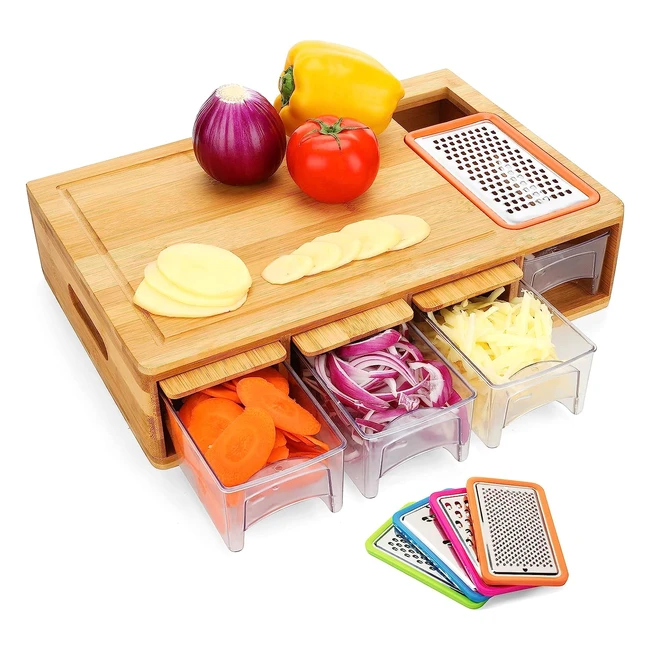 Britor Chopping Board with Containers - Large Bamboo Cutting Board with Juice Grooves & Easy-Grip Handles - Food Sliding Opening Carving Board with Trays