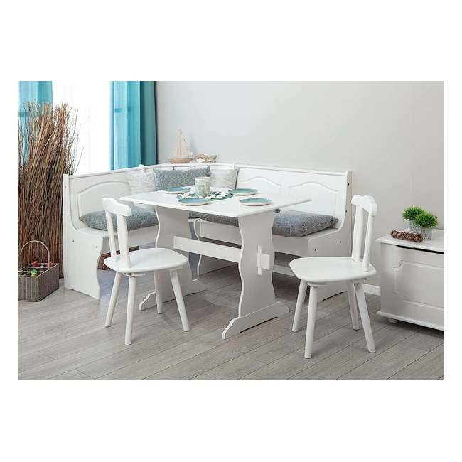 Zona pranzo con panca angolare in pino massiccio verniciato bianco - Inter Link