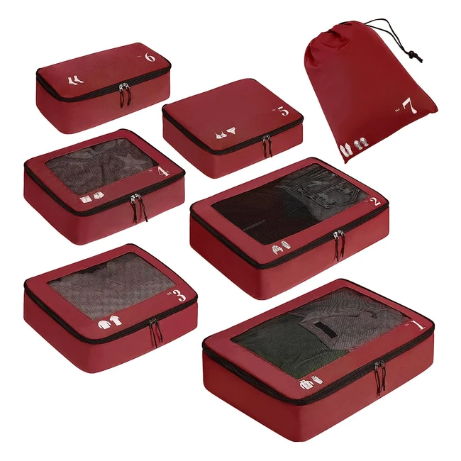 Ensemble de 7 organisateurs de voyage - Rangement valise écologique - Sac de rangement résistant à la déchirure - Rouge