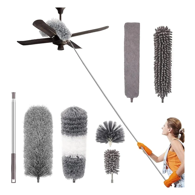 Plumeau télescopique Lapono 7pcs, kit de nettoyage en microfibre avec poignée inoxydable, balai anti-poussière pour plafond, rideau, ventilateur, toile d'araignée, stores