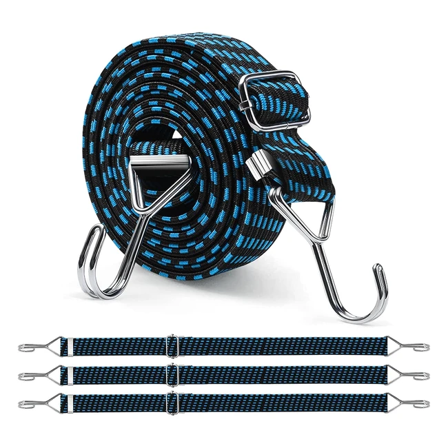 Newthinking 4Pack Flat Bungee Cords with Hooks | Adjustable Elastic Straps | Blue 2m