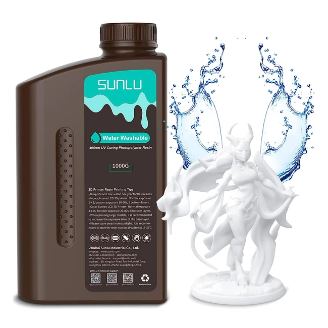 Sunlu Agua Lavable Resina 3D 1kg 405nm UV Curado Rápido 2K 4K 8K LCD DLP SLA Alta Precisión 1000g Blanco