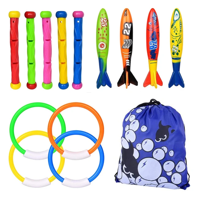 Diving Pool Toys Set - 5 Pcs Dive Sticks, 4 Pcs Toypedo Bandits, 4 Pcs Diving Rings