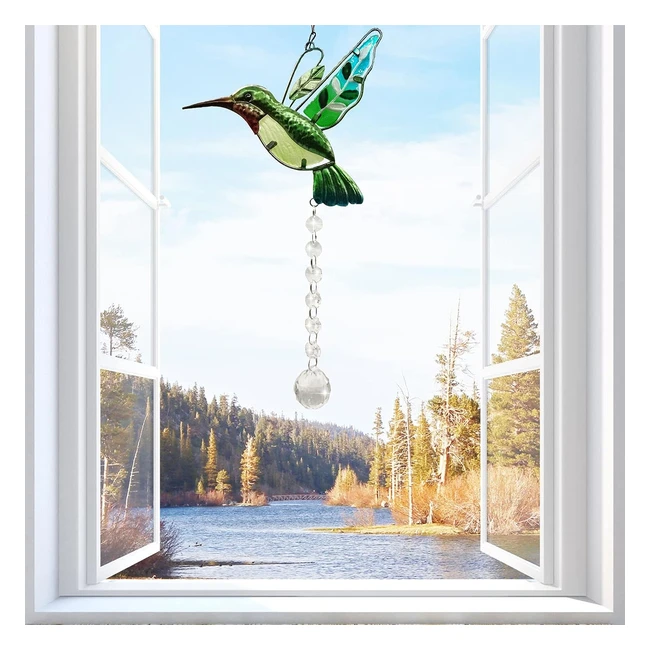Hummingbird Sun Catchers for Windows - Suhaniop Crystal Suncatcher - Stained Glass Garden Hanging Ornament - Rainbow Maker Prism Pendant - Gifts for Women Girls - Green