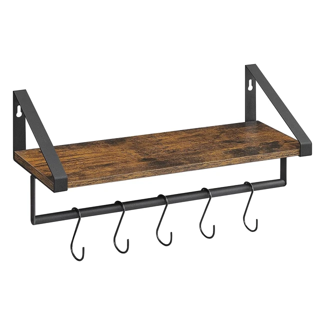 Vasagle Floating Shelf with Rod and 5 Hooks - Rustic Brown/Black - LWS420B01