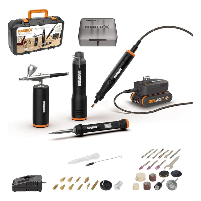 WORX 20V 4-Tool Maker X Combo Kit WX995 - Rotary Tool, Wood & Metal Crafter, Air Brush, Mini Heat Gun - 1 Battery & Charger Included