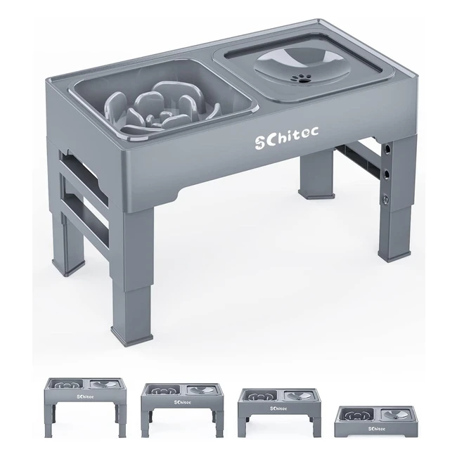 Foldable Elevated Raised Dog Bowls - 4 Height Adjustable Bowl Stands with Slow Feeder Bowl and Floating Water Bowl - Pet Feeding Bowls for Large Medium Small Dogs/Cats - Grey