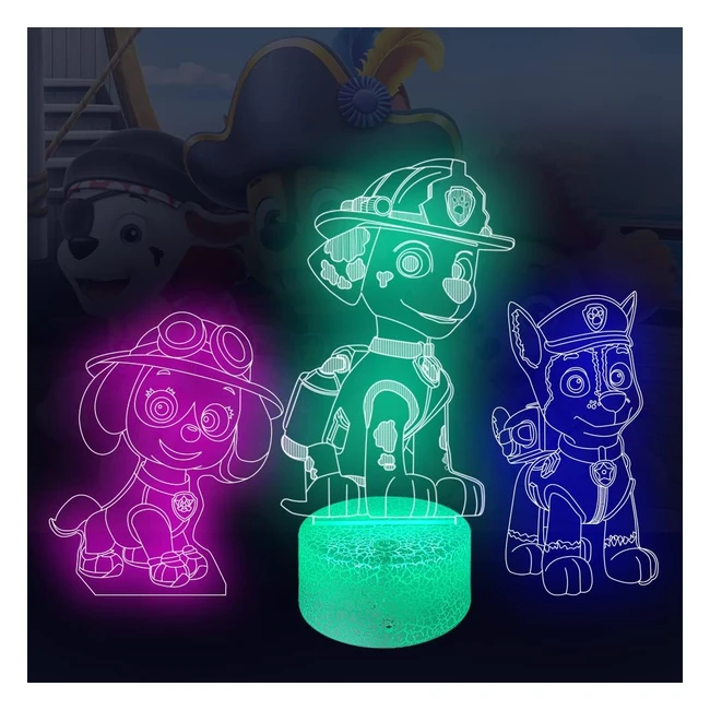 Veilleuse Pat Patrouille 3D - 16 Couleurs - Télécommande - Décoration Chambre Garçon