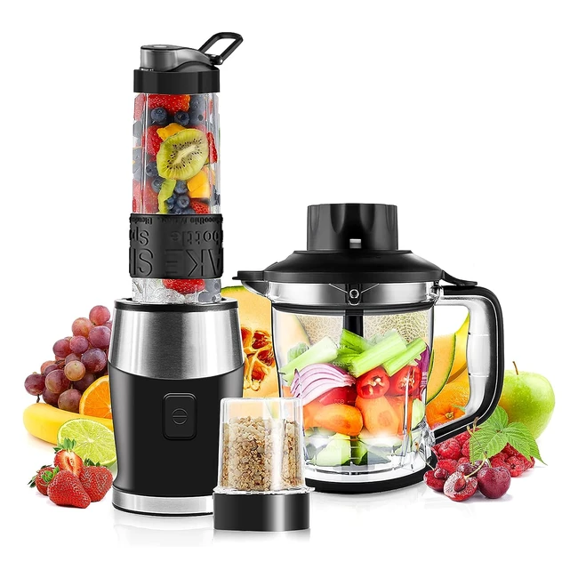 700W Smoothie Maker Blender - Portable Blender, Food Chopper, and Grinder - BPA Free - 3-in-1 Multifunction - 570ml Bottle - 300ml Grinder Cup - 1200ml Chopper Jug