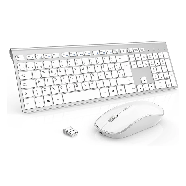 joyaccess Teclado y Ratón Inalámbrico Recargable - Ultrafino, Portátil, Compacto - Ergonómico y Silencioso - Español QWERTY - Plata Blanco