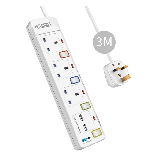 MSCien 3 Gang Extension Lead with 2 USB Slots, 3m Plug Sockets, Individual Switches - White
