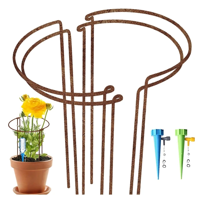 Large 60cm Tall Rusty Bow Plant Support Stakes - Natural Rust Flower Support Ring Cage - Self Watering Spikes - Metal Garden Border - Peonies Hydrangea
