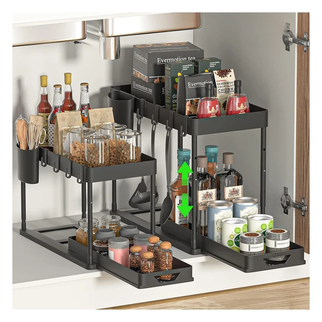 Organisateur sous évier cuisine 2 étages avec crochets, coussinets antidérapants et gobelet suspendu - Noir (Lot de 2)