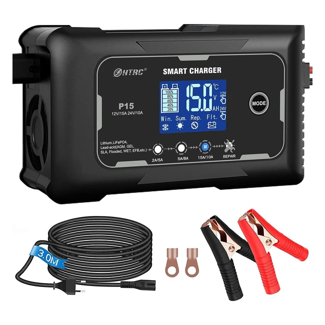 Chargeur Batterie Voitures 15A - HTRC Chargeur Batterie 12V/24V - 7 Étapes - Intelligent - Voiture Moto Camion - Batteries au LiFePO4 Plomb AGM Gel Wet SLA VRLA EFB
