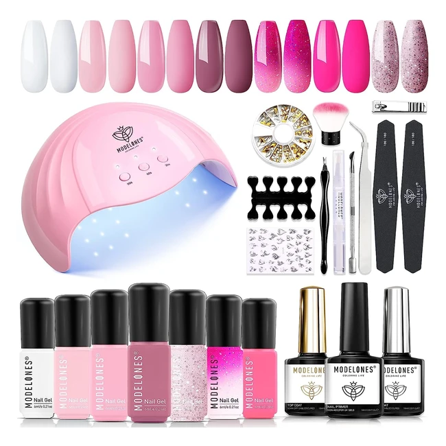 Kit Semipermanente Unghie Modelones con Luce UV 48W - 7 Colori Shellac Soak Off Nail Gel Polish Manicure Set