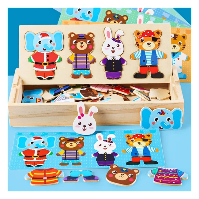 Wooden Dress Up Puzzles for Kids - Age 3-5 - Animals Elephant Bear Rabbit Tiger - Eco-Friendly