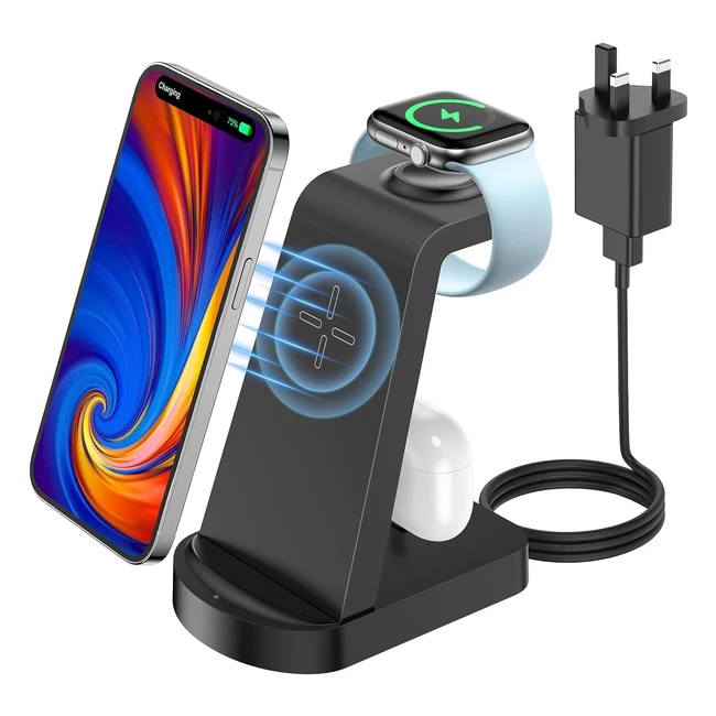 Bakibo 3-in-1 Wireless Charging Station for iPhone 14/14 Plus/14 Pro - Fast Charging Stand Dock for Apple Watch, Airpods - Black