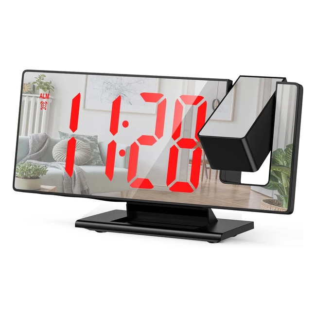 Réveil projecteur plafond avec écran LED, miroir et horloge digitale - Rouge et Noir
