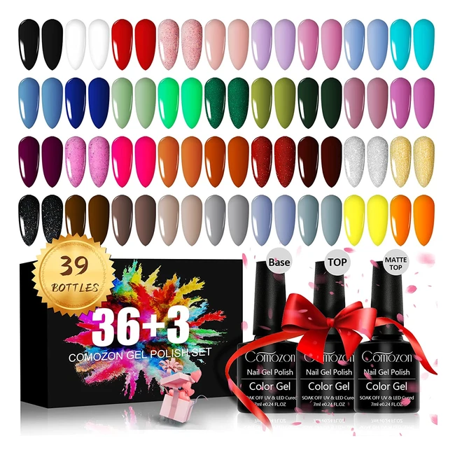 39 pcs Gel Nail Polish Kit Comozon 36 Colors | Glossy Matte Top Coat | 2023 Popular Spring Pastel Girly Colors | Valentine Gift