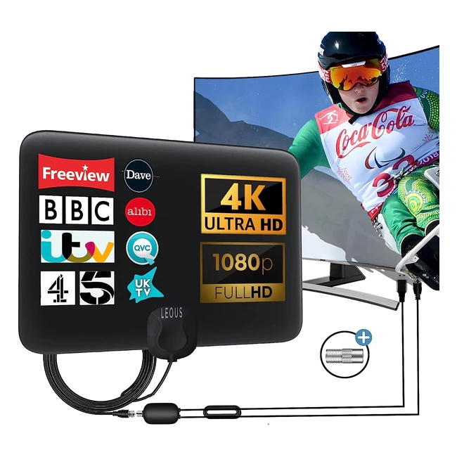 Indoor TV Aerial 200 Miles Digital HDTV Freeview with Amplified Signal Booster