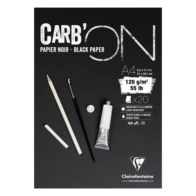 Clairefontaine 975039C Blocco Collato Carbon 20 Fogli Carta da Disegno Nera A4 120g