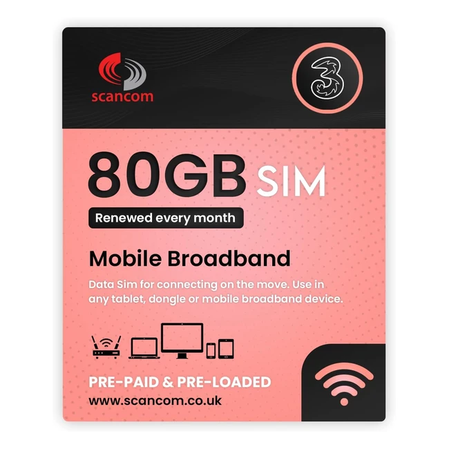 Three 80GB Data SIM 5G Businessgrade Data Renewed Monthly - Perfect for WiFi Rou