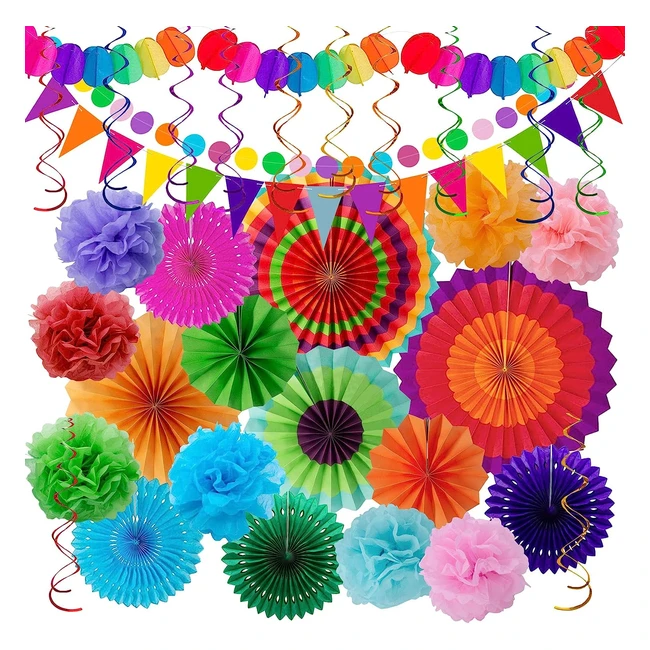 Décoration de fête colorée Huryfox - 33 pièces avec ventails en papier, pompons, rubans en tissu et guirlandes de fanions