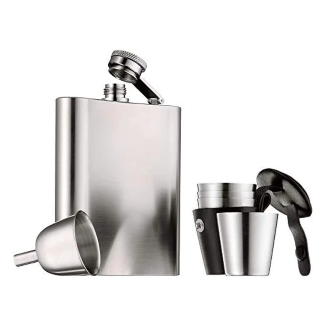 WMF Manhattan Juego Petaca 4 Vasos Chupitos Embudo Estuche Cuero Acero Inoxidable 1810