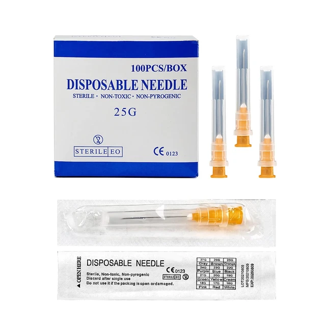 100 pcs 25g 1inch25mm Industrial Dispensing Needle - Stainless Steel - Sterile D