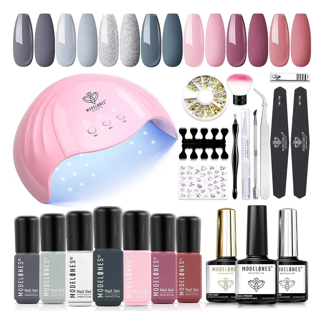 Kit Semipermanente Unghie Modelones con Luce UV 48W - 7 Colori Shellac Soak Off Nail Gel Polish Manicure Set