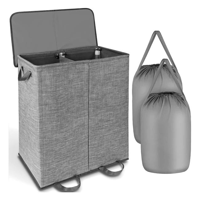 nucaza Grey Laundry Basket with Lid - Removable Bags - 2 Compartments - Foldable - 145L Capacity