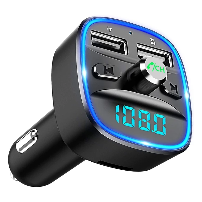 Bluetooth FM Transmitter for Car - Blue Ambient Ring Light - Wireless Radio Car Receiver Adapter - Dual USB Charger - Support SD Card USB Disk - Black